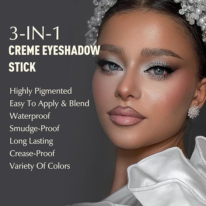 White Eyeshadow Stick, Matte Cream Eyeshadow Long-Lasting Crease-Proof Eye Brightener Stick High Pigmented Shadow Highlighter Makeup Pencil Crayon with Blending Brush & Built-in Sharpener