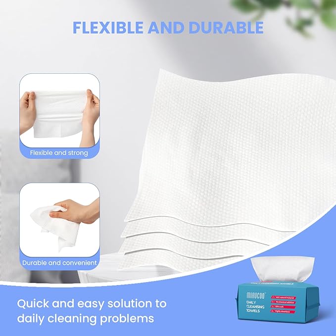 100 Sheet Daily Cleansing Towels Ultra Soft Dry Wipes for Sensitive Skin Disposable Facial Washcloths 100% Organic Viscose (Pack of 6)