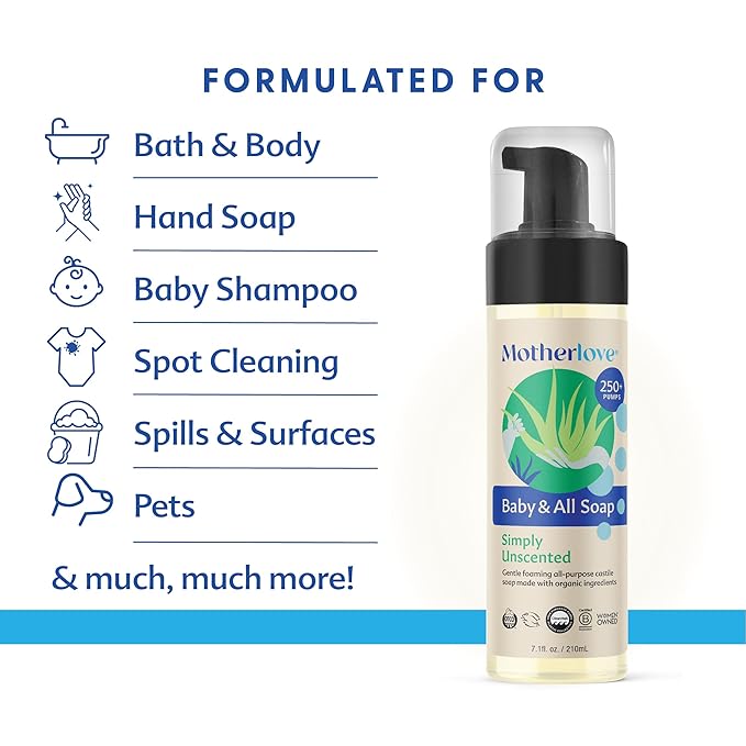 Motherlove Baby & All Soap (32 oz) Gentle Foaming All-Purpose Castile Soap Made with Organic Ingredients – Simply Unscented