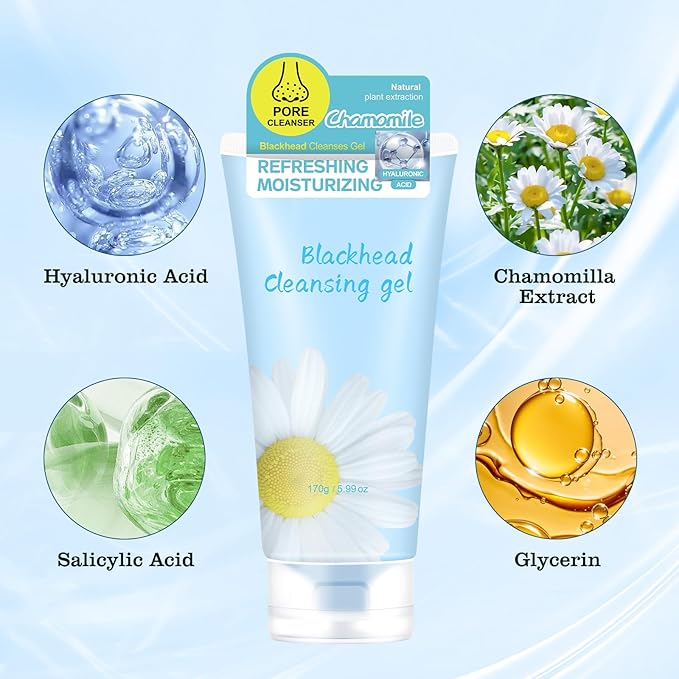 Chamomile Hyaluronic Acid Blackhead Cleasing Gel for Face Nose Body,Deep Cleaning,Moisturizing,Oil Contarol,Facial Exfoliating Gel for All Types Skin (6 Oz)
