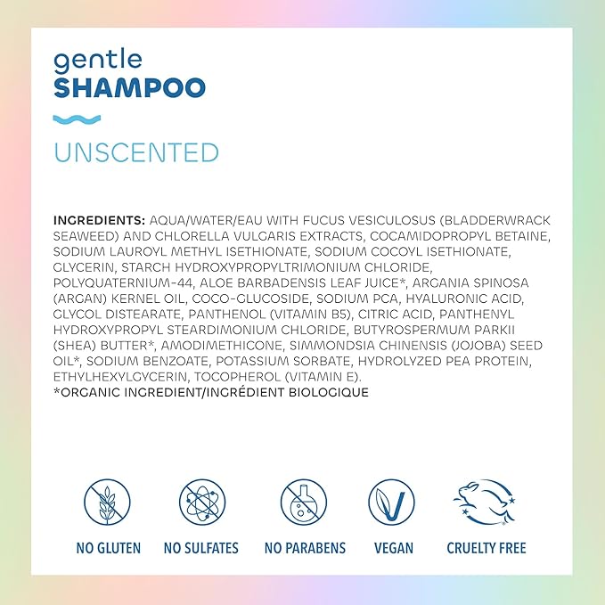 Seaweed Bath Co. Gentle Shampoo, Unscented, 12 Ounce, Sustainably Harvested Seaweed, Aloe, Argan Oil, for Sensitive Scalps and All Hair Types