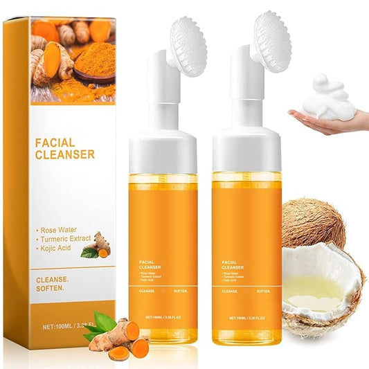 2 Pcs Turmeric Foaming Face Wash With Brush, Deep Cleansing Exfoliating Glow Wash Turmeric Facial Cleanser for Women All Skin. ﻿