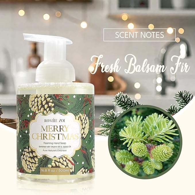 ROMIIE ZOI Christmas Foaming Hand Soap with Gift Box- Merry Christmas Design, Infused with Fresh Balsam Fir Scent -Holiday Bathroom Soap for Winter Decoration and Gifting – 500ml / 16.8oz