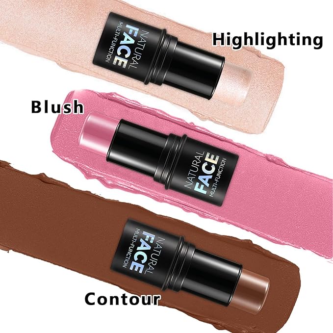 3Pcs Cream Contour Stick Makeup Kit, Shades with Highlighter, Blush and Bronzer Contour Stick for Sculpt the Cheeks, Long Lasting, Waterproof, Matte & Dewy Finish LIGHT MEDIUM(2+5+6)