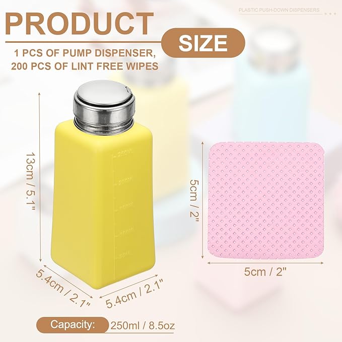YOKIVE Alcohol Dispenser, 250ml(8.5oz) Pump Dispenser Bottle Push Down for Eye Makeup Nail Polish Remover Acetone Cleanser with 200Pcs Lint Free Nail Wipes, Yellow