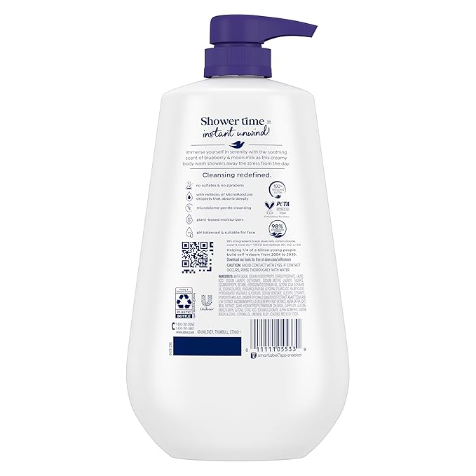 Dove Body Wash Unwind Blueberry & Moon Milk For 24hr Lotion-Soft Skin Moisturizing Skin Cleanser with No Sulfates No Parabens 30.6 oz