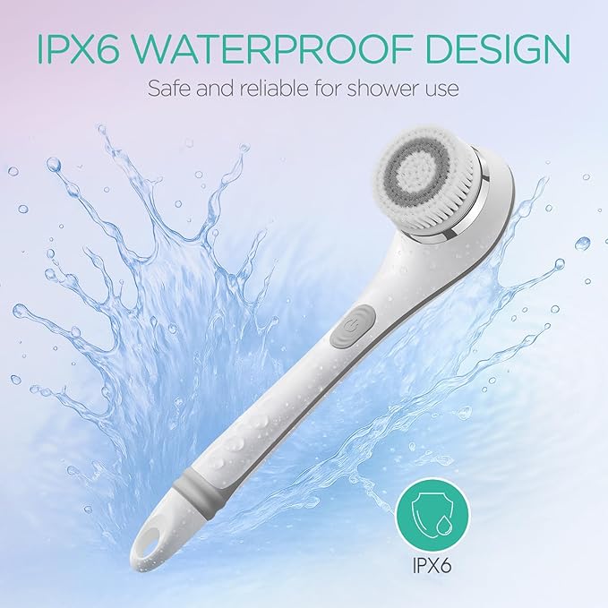 VOYOR Electric Body Brush Back Scrubber for Shower Rechargeable Exfoliating Bath Brush Powered Shower Brush with Non-Slip Long Handle Deep Cleansing, Exfoliation, Massaging Spin Brush BC100 (Grey)