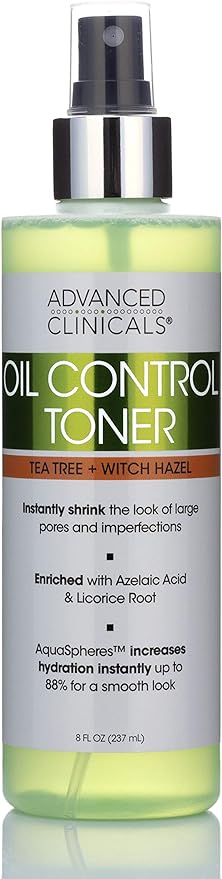 Advanced Clinicals Oil Control Purifying Facial Mist Toner. Hydrating, Non-Greasy Tea Tree Oil, Witch Hazel Toner W/Aloe Vera Face Mist Cleans Pores & Clears Acne All Skin Types, 8 Fl Oz (Pack of 1)
