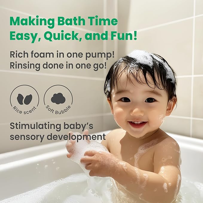 Vegan Rice Baby Wash 13.52 Oz | Tear-Free Cleanser for Newborn & Sensitive Skin | 2-in-1 Shampoo and Body Formula | Plant-Based, Korean Skincare with Gentle Rice Scent