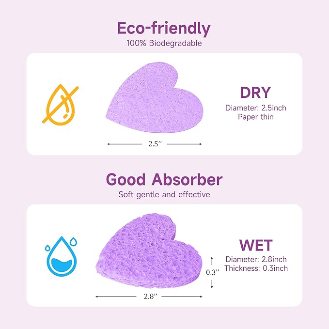 ‌Silkyhose 50-Count Compressed Cellulose Facial Sponges - Heart-Shaped 100% Natural Cosmetic Sponges for Gentle Cleansing, Exfoliating & Skin Massage (Purple)