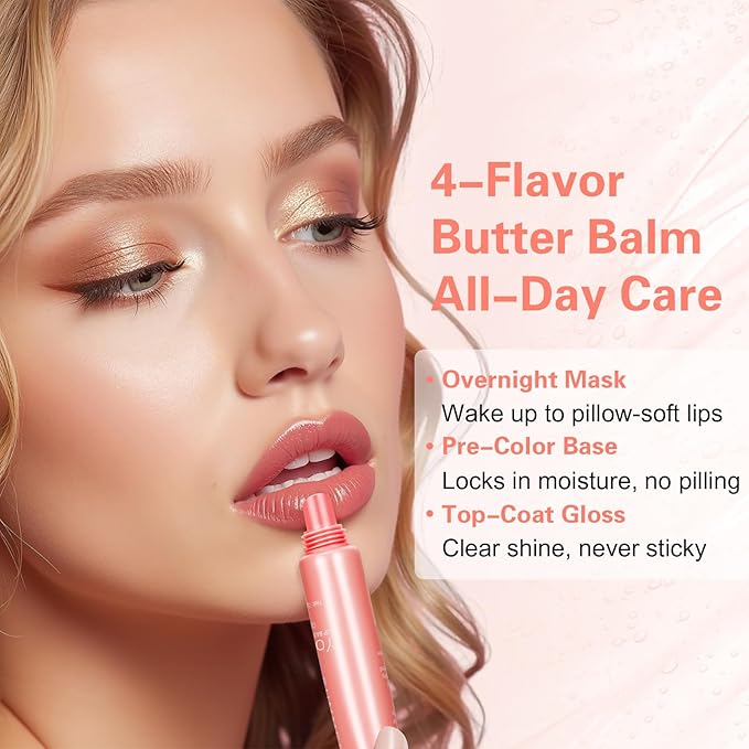 4 PCS Summer Lip Glossy Butter Balm Set, Tinted Lip Balm Long-Lasting Hydrating and Moisturizer, Glitter Lip Glossy Soften Dry Lips and Lip Care, Christmas, Birthdays Gifts for Women and Teen Girls