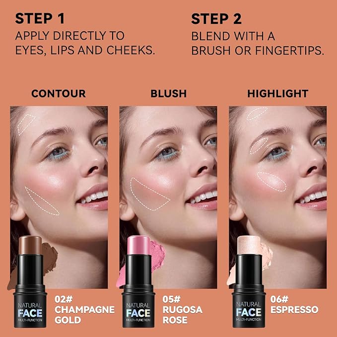 3Pcs Cream Contour Stick Makeup Kit, Shades with Highlighter, Blush and Bronzer Contour Stick for Sculpt the Cheeks, Long Lasting, Waterproof, Matte & Dewy Finish LIGHT MEDIUM(2+5+6)