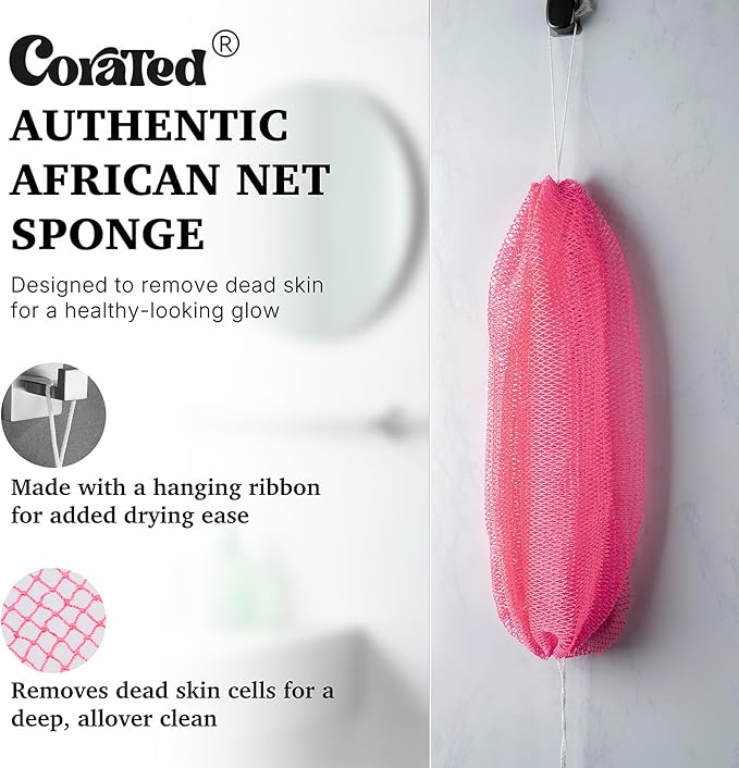 CORATED African Net Sponge Authentic, Shower Loofah Exfoliating Bath Sponge, Body Scrubber for Women and Men Daily Use Body Care, Travel Portable, Durable Bath Accessories for Bathroom (Pink & Purple)
