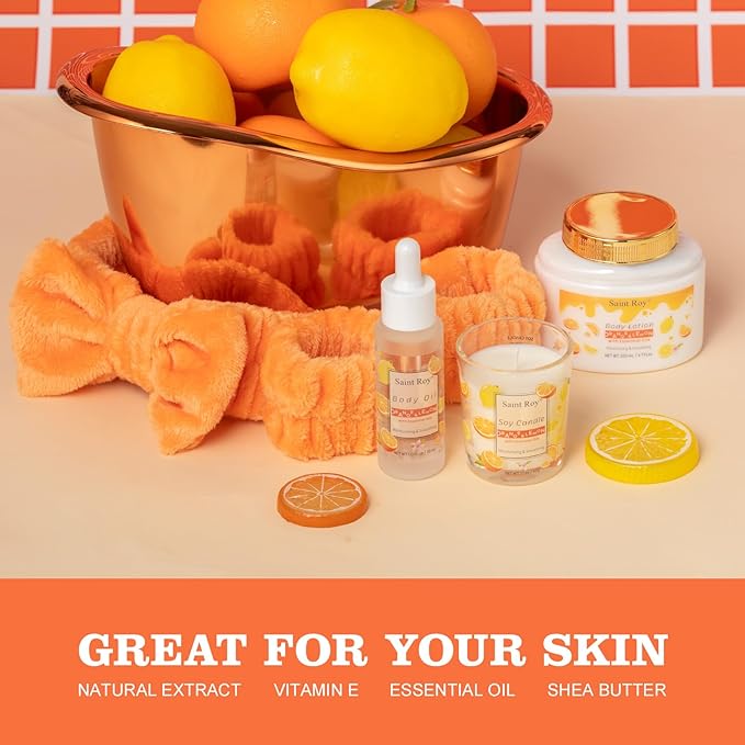 Orange Scents spa gift set Great Gift Lemon Spa Gifts for girls, Body care Set Birthday Gifts, Gift Baskets for Woman, 11pcs Bath Gift Set for Women, Christmas Gifts for Women Citrus Spa Gift Basket