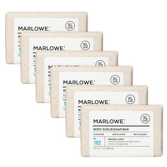 MARLOWE. No. 102 Body Scrub Soap 7 oz (6 Bars) Exfoliating Soap Bar with Shea Butter, Olive Oil & Green Tea, Cleanses & Smooths, Sage & Fir Scent