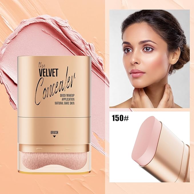 Double-ended Concealer Stick Foundation Stick with Built-in Soft Brush and Natural Finish Concealer Foundation Sticks for Multi-Use Face Makeup (#150 Pink Shell)