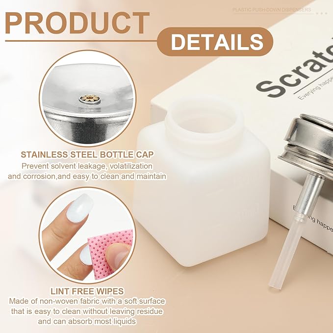 YOKIVE Alcohol Dispenser, 250ml(8.5oz) Pump Dispenser Bottle Push Down for Eye Makeup Nail Polish Remover Acetone Cleanser with 200Pcs Lint Free Nail Wipes, White
