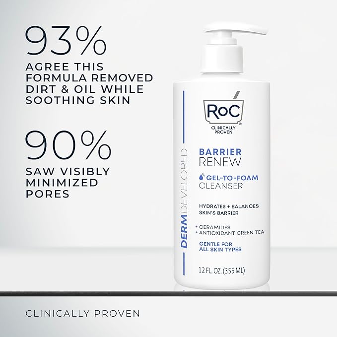 RoC Barrier Renew Gel to Foam Non Drying Foaming Facial Cleanser to Hydrate Skin, facial cleanser for sensitive skin, 12 Ounces