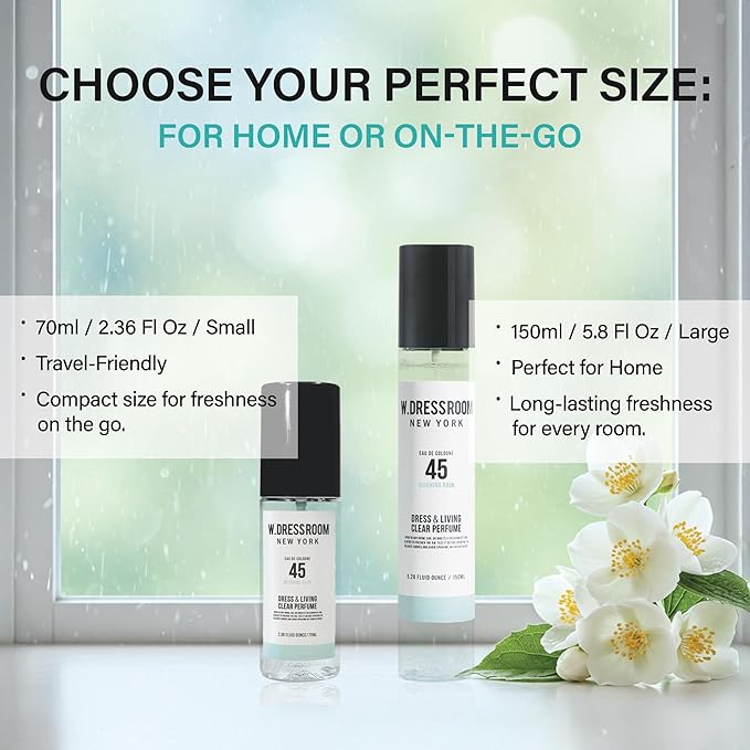 W.Dressroom No.45 Morning Rain Living Clear Perfume, Body Mist & Fabric Spray Deodorizer, Alcohol-Free Water-Based, Odor Neutralizer for Clothes, Bedding & Room, Travel Size 2.36 oz