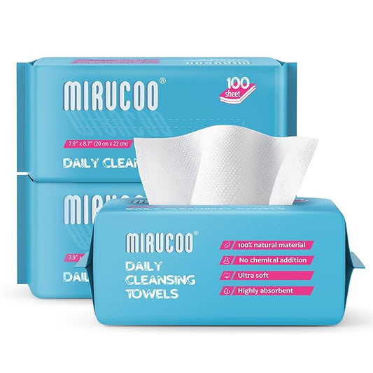 100 Sheet Daily Cleansing Towels Ultra Soft Dry Wipes for Sensitive Skin Disposable Facial Washcloths 100% Organic Viscose (Pack of 3)