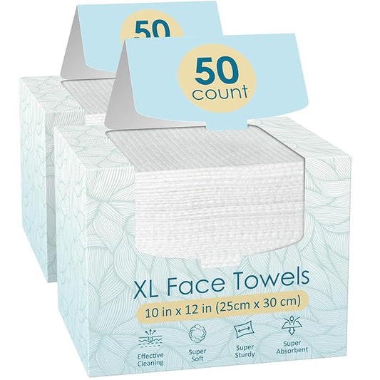 2 Pack of 50 count XL Disposable Face Towels 10” x 12”, 100% Viscose Fibre, Soft & Skin Friendly Face Towelettes Disposable, Facial Tissue Wipes for Women Cleansing