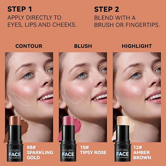 3Pcs Cream Contour Stick Makeup Kit, Shades with Highlighter, Blush and Bronzer Contour Stick for Sculpt the Cheeks, Long Lasting, Waterproof, Matte & Dewy Finish LIGHT FAIR(8+10+12)