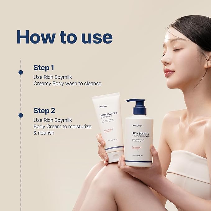 KUNDAL Soymilk Body Wash & Body Cream Set, Moisturizing Body Care with Ceramides, Hydrating Skincare Duo for Dry Skin, Mellow Vanilla Scent (16.9 fl oz + 6.76 fl oz)