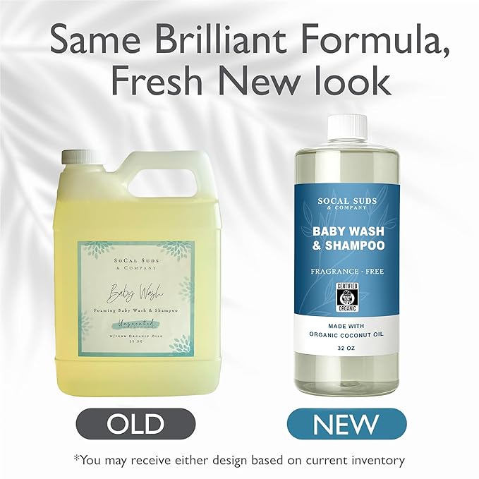 SoCal Suds & Company - 2-in-1 Organic Foaming Baby Wash Castile Soap & Shampoo Refill - Gentle Body Soap for Sensitive Gentle Bath -Nourishing Soothing Ingredients -Newborn Baby - Fragrance Free, 32oz