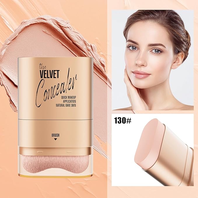 Double-ended Concealer Stick Foundation Stick with Built-in Soft Brush and Natural Finish Concealer Foundation Sticks for Multi-Use Face Makeup (#130 Soft Sand)