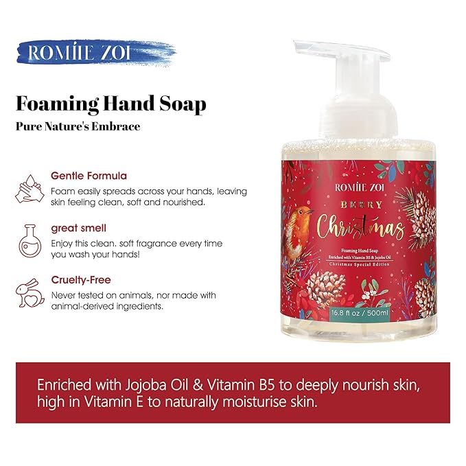ROMIIE ZOI Christmas Foaming Hand Soap with Gift Box- Berry Christmas, Infused with Holiday Floral- 500ml/ 16.8oz