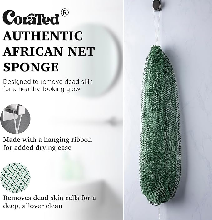 CORATED African Net Sponge Authentic, Shower Loofah Exfoliating Bath Sponge, Body Scrubber for Women and Men Daily Use Body Care, Travel Portable Bath Accessories for Bathroom (Linen & Dark Green)