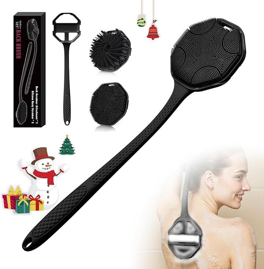 3PCS Extender Handle Set,17in Lengthen Detachable Long Handle Back Brush*1,Silicone Body Scrubber for Gentle Exfoliating and Massage Can Produce Rich Foam*2,Long Handle Back Scrubber for Men (Black)