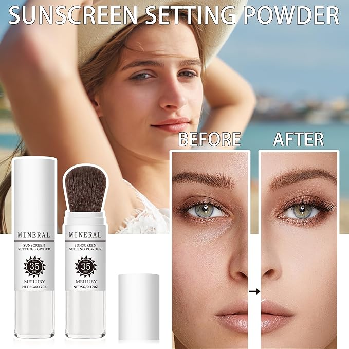 Sunscreen Setting Powder SPF 35, Mineral Brush Powder for Face & Scalp, Oil Control Natural Matte Finish Loose Powder Translucent Lasting Lightweight Breathable for All Skin (03# White)