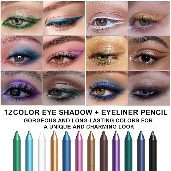 12Pcs Colored Gel Glitter Eyeliner Pencils Set Dark Light Emerald Green Sky Royal Blue Black White Pink Purple Brown Gold Eyeliner Pencils Eye Liner Liquid Liner Waterproof Smudge Proof delineadores