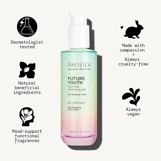Pacifica Future Youth Foaming Face Wash - Hydrating Anti-Aging Cleansing Gel, Dermatologist Tested Gentle Facial Cleanser, Alcohol-Free Vegan Formula for All Skin Types Clean Beauty Cruelty-Free 4.7oz