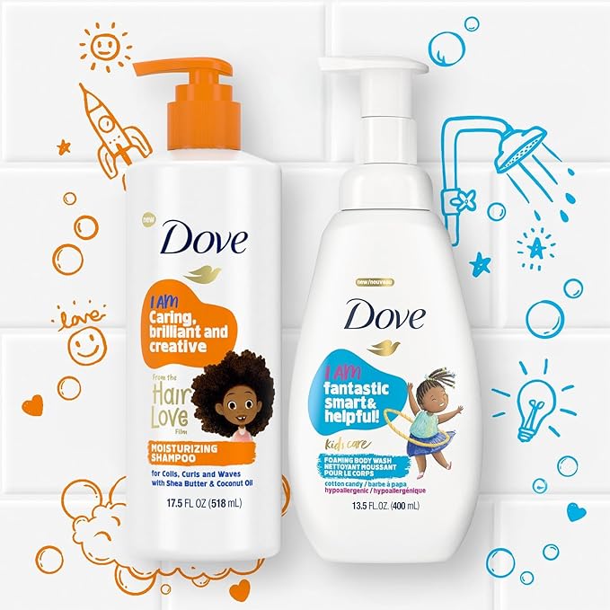 Dove Kids Care Body Wash 2-Pack + Moisturizing Shampoo Bundle - Cotton Candy Foaming Cleanser & Dove Shampoo with Shea Butter for Kids' Curly Hair (3 Piece Set)