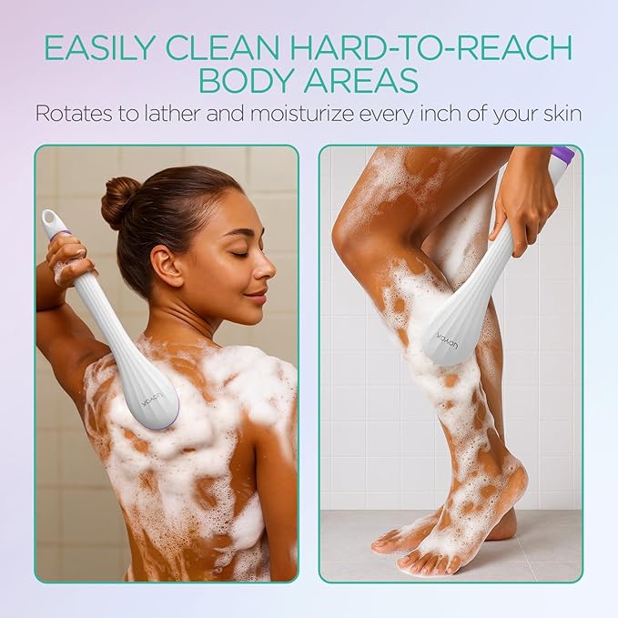 VOYOR Electric Body Brush Back Scrubber for Shower Rechargeable Exfoliating Bath Brush Powered Shower Brush with Non-Slip Long Handle Deep Cleansing, Exfoliation, Massaging Spin Brush BC100 (Purple)