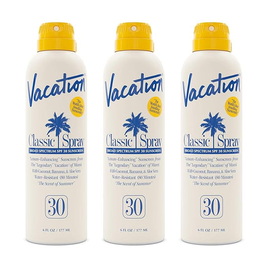 Vacation Classic Sunscreen Spray SPF 30, Water-Resistant, Lightweight, Transparent on All Skin Tones, Dermatologist-Tested, Vegan, 6 Fl. Oz. (Value Pack of 3)