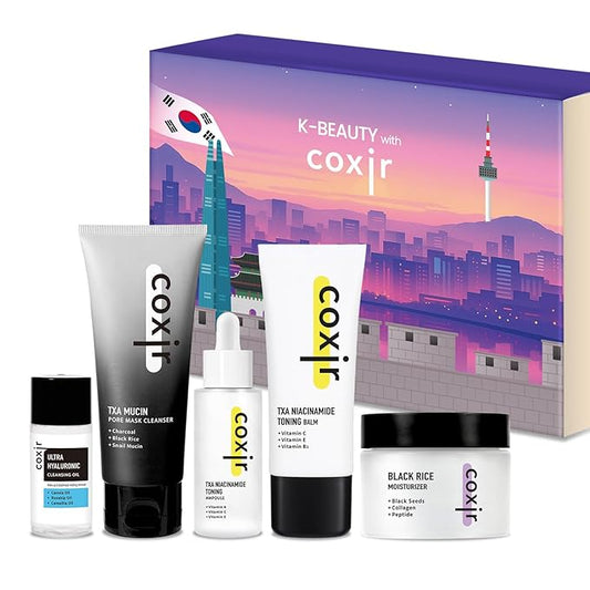 [Christmas Gift Set]coxir K-Beauty Seoul Glow Set – 5-Step Korean Skincare Routine with TXA & Black Rice – Cleansing oil, Mask Cleanser, Ampoule, Balm & Moisturizer,korean skincare,Holiday Gift