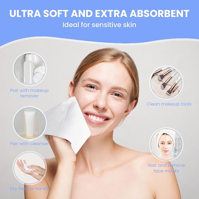 100 Sheet Daily Cleansing Towels Ultra Soft Dry Wipes for Sensitive Skin Disposable Facial Washcloths 100% Organic Viscose (Pack of 6)