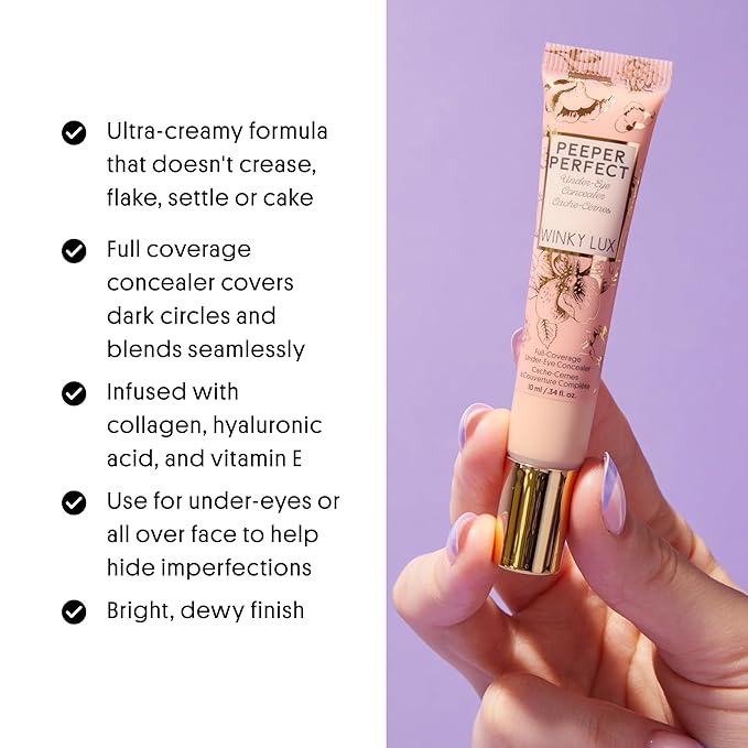 Winky Lux Peeper Perfect Under Eye Concealer, Makeup & Eye Brightener, Full Coverage Concealer for Dark Circles, Color Corrector & Eye Primer, With Collagen, Hyaluronic Acid & Vitamin E (Light)