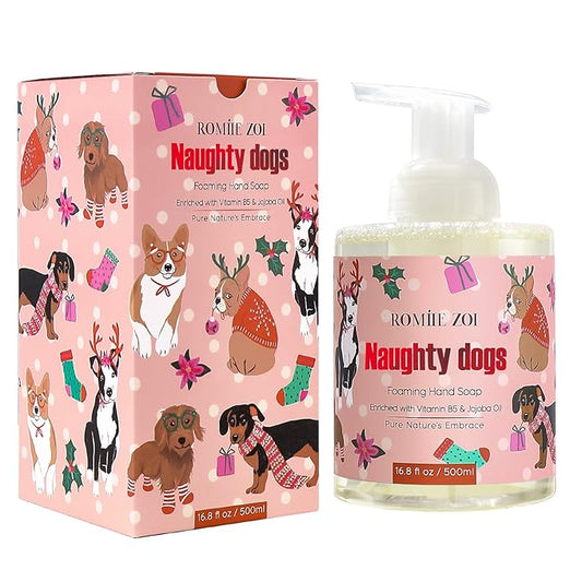 ROMIIE ZOI Christmas Foaming Hand Soap with Gift Box- Naughty Dogs Design, Winter Candy Apple Scented - Holiday Bathroom Soap for Winter Home Decoration and Gifting – 500ml / 16.8oz