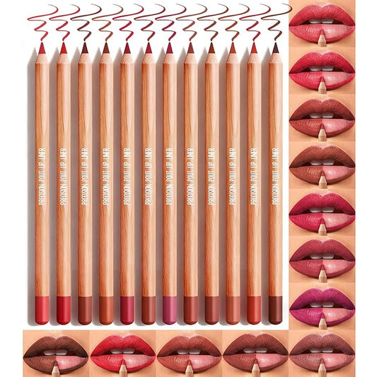 12 Colors Classic Matte Finsh Lip Liner Makeup Set for Women, High Pigmented Long-Lasting Waterproof Smooth Natural Nude Red Brown Lipliner Kit for Define and Sculpt the Lips, #01 Mature Shade