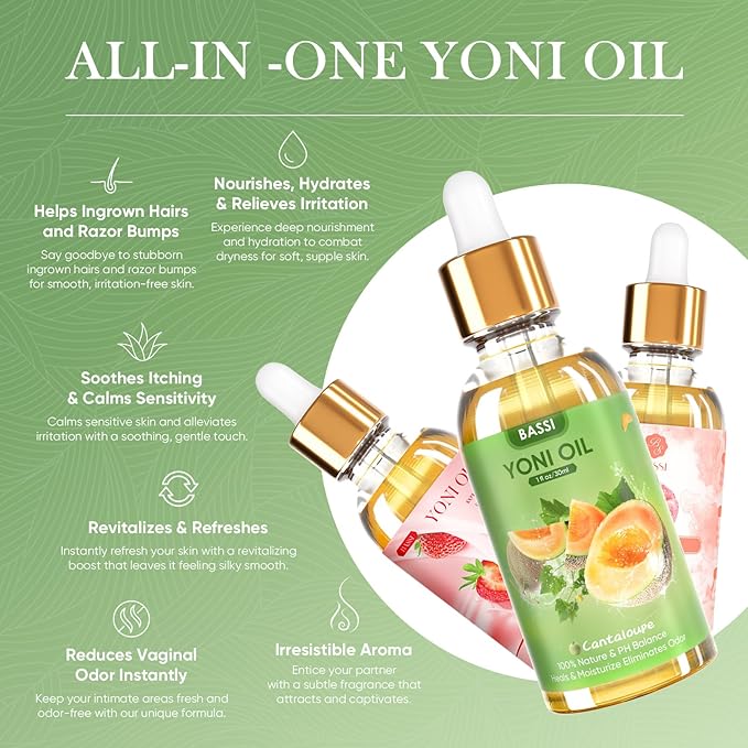 3 PCS Natural Yoni Oil for Women -Feminine Oil Vaginal Moisturizer - Reduces Odor, Restores pH Balance, Helps with Vaginal Itch, Herbal Yoni Blend with Strawberry Peach Hami Melon