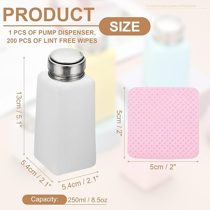 YOKIVE Alcohol Dispenser, 250ml(8.5oz) Pump Dispenser Bottle Push Down for Eye Makeup Nail Polish Remover Acetone Cleanser with 200Pcs Lint Free Nail Wipes, White