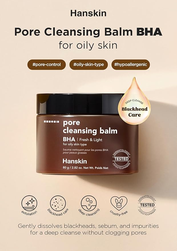 Hanskin BHA Pore Cleansing Balm – Korean Melting Balm Cleanser, Gentle Makeup Remover for Oily & Combination Skin | Solid-to-Oil Cleanser with BHA & Nourishing Oils | K-Beauty | 2.82 oz
