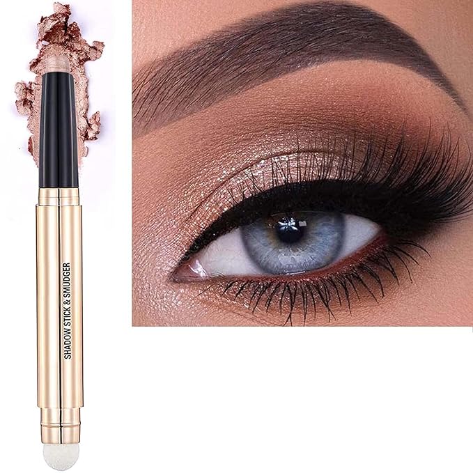 Rose Gold Eyeshadow Stick and Sponge Brush Cream Shimmer Smooth Eyeshadow Pencil Hypoallergenic Waterproof Eye Shadow Eyeliner Highlighter Stick Primer Palette Glitter Liquid Nude Korean Matte