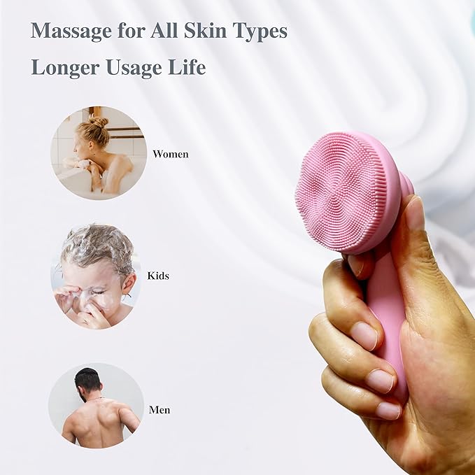 2 PC Silicone Facial Cleansing Brush Facial Scrubber Manual Exfoliating Facial Brush Face Cleanser Face Exfoliator Ultrafine Bristles for Sensitive Skin Easy to Clean Lather Well(Pink&Blue)