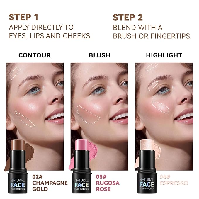 3 Colors Cream Contour Stick, Shades with Highlighter Stick,Blush Stick and Bronzer Contour Stick for Sculpt the Cheeks,Long Lasting,Waterproof,Matte & Dewy Finish for Women (LIGHT MEDIUM(2+5+6))