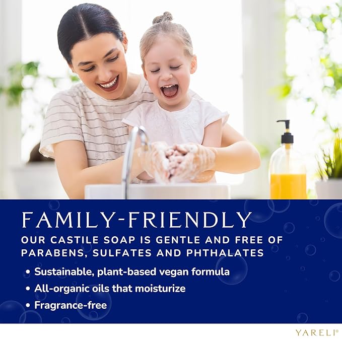 YARELI Pure Castile Soap Liquid, Unscented, with All Organic Oils for Adults, Kids and Babies as Body Wash or Hand Soap, 64oz Refill